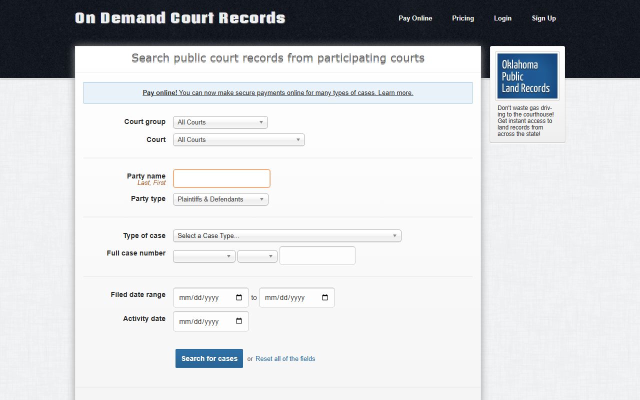 ODCR Oklahoma court record search interface