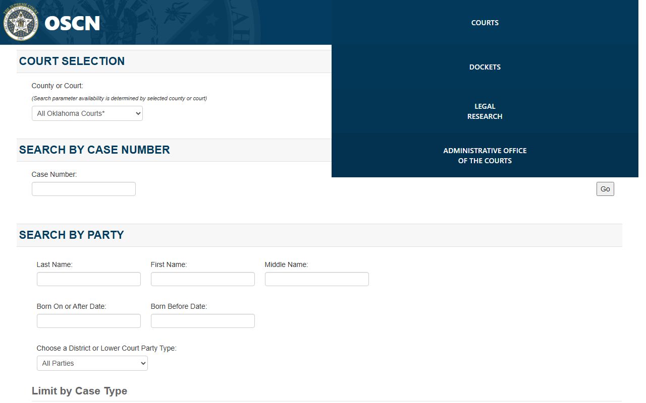 OSCN docket search fields for Oklahoma court records